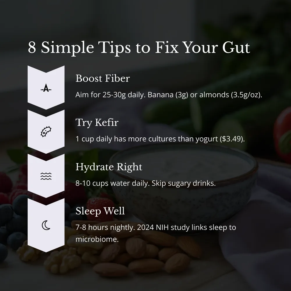 A journal tracking gut health metrics like bloating and energy over 30 days