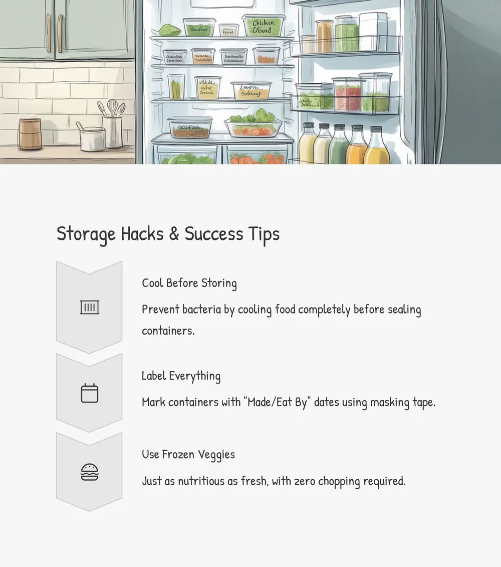 A neatly organized fridge shelf with labeled meal prep containers
